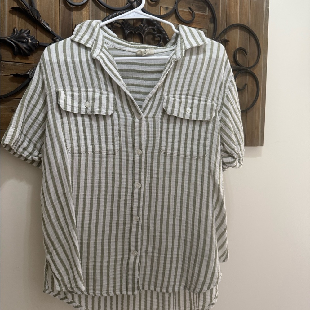 a.n.a Olive and White Striped Button Down Shirt